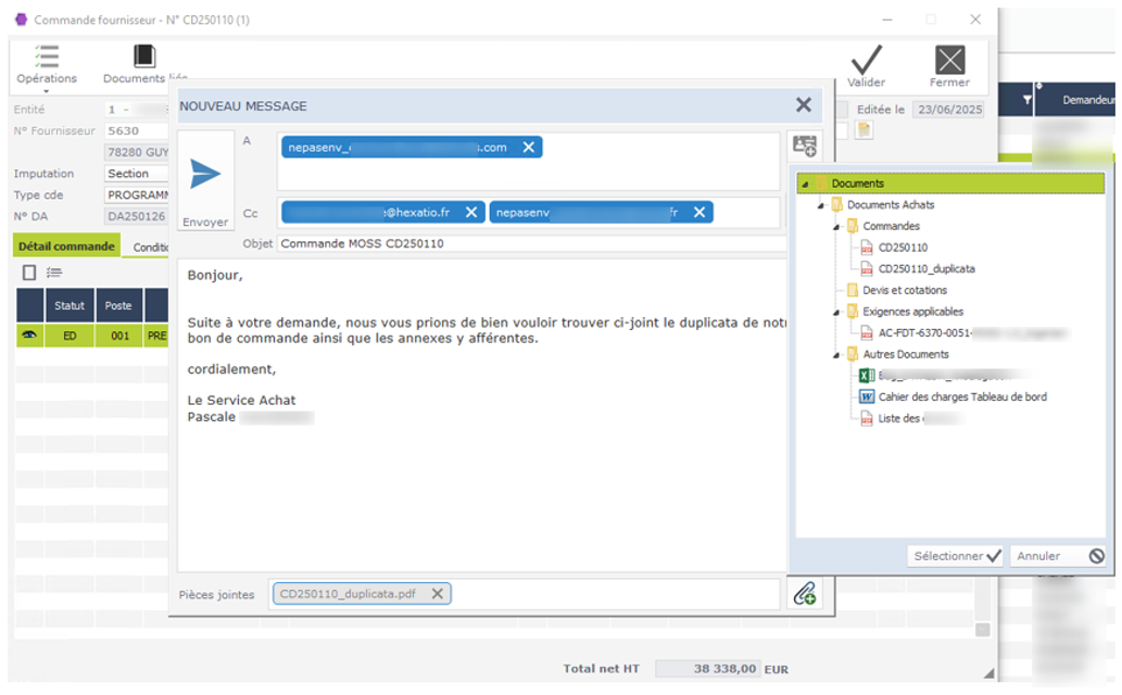 Personnalisation des échanges fournisseurs avec ajout de documents dans l'ERP HexaOpale