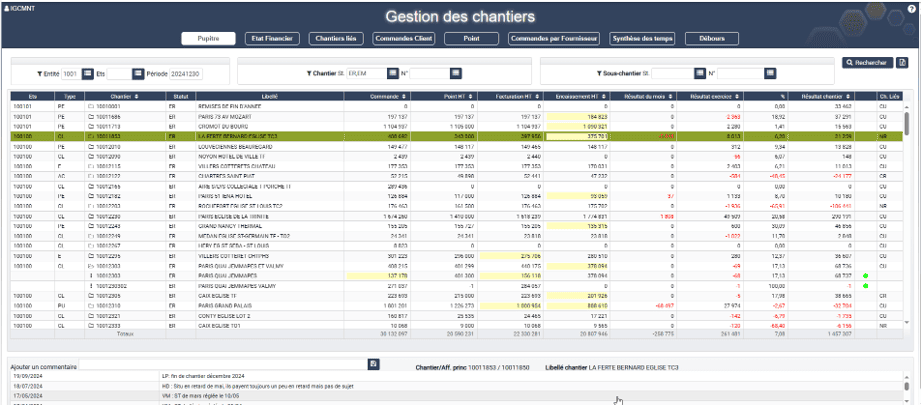 Pupitre de pilotage des chantiers dans l'ERP HexaOpale